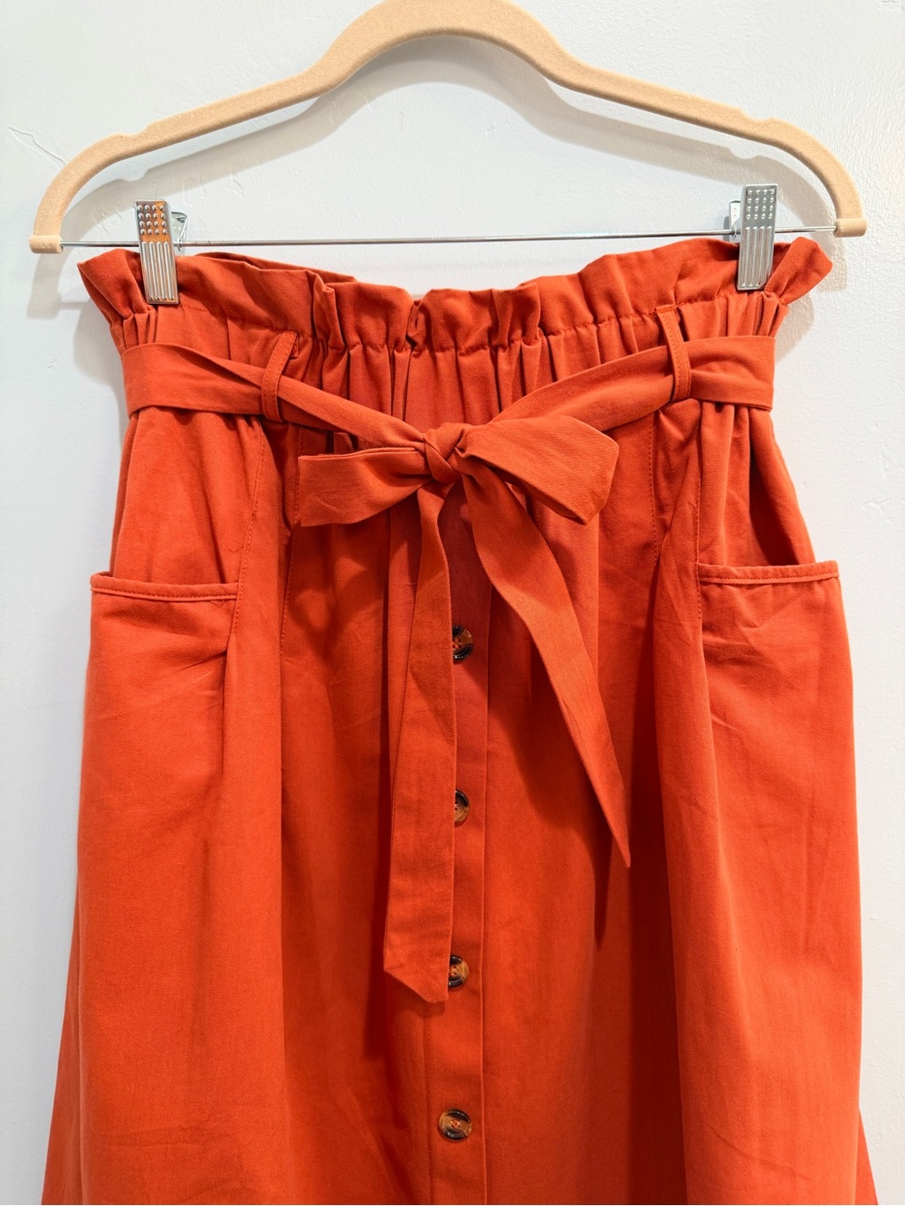 Rust Terracotta Paperbag Waist Button Front Midi Skirt Cotton ModCloth Style Lrg - Picture 4 of 12